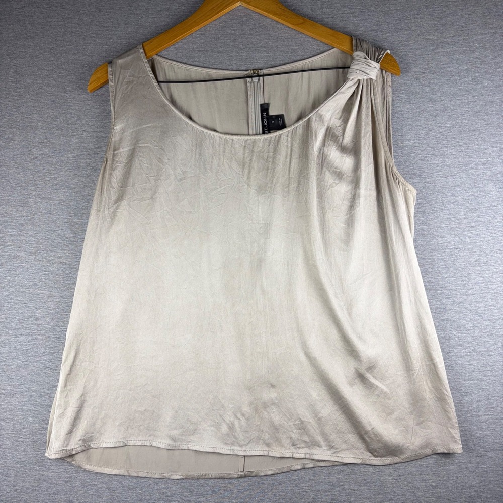St. John Top Womens 12 Tan Silk Blend Sleeveless Knot Shoulder Satin Blouse